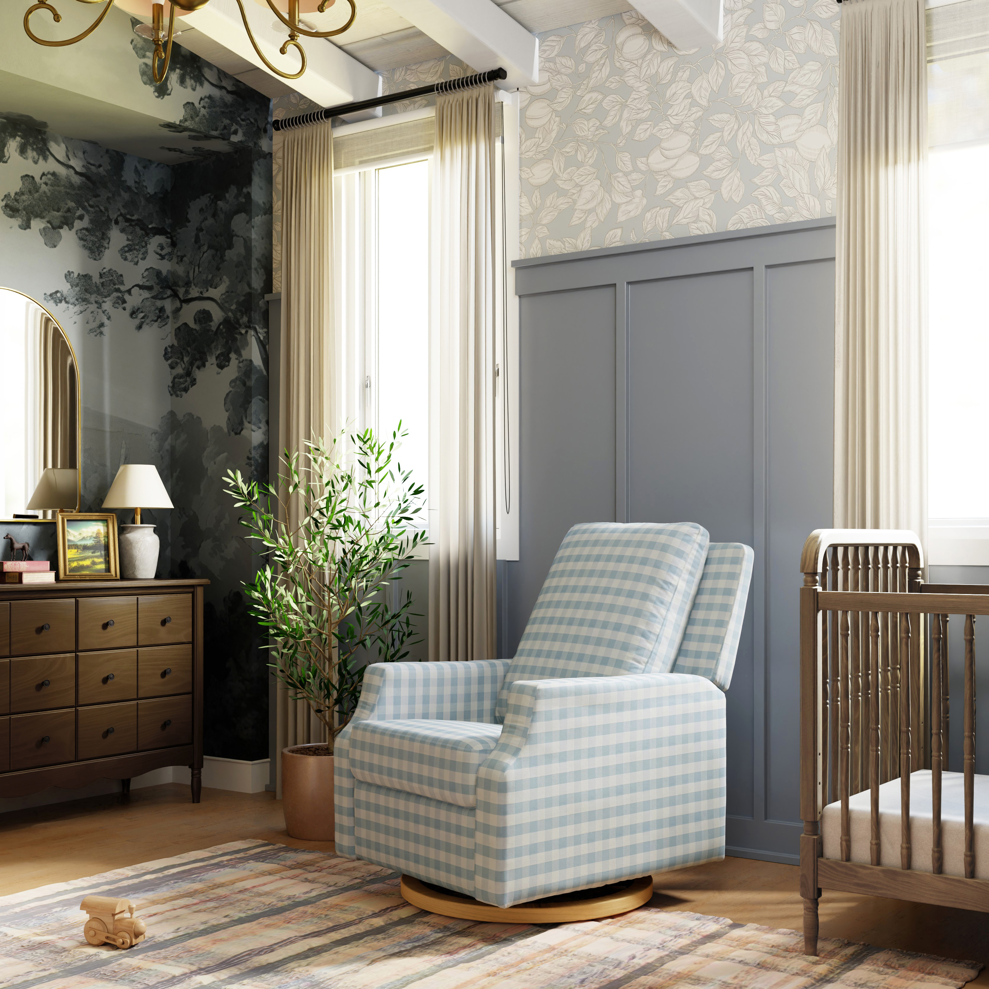 Namesake Crewe Recliner and Swivel Glider - Blue Gingham With Light Wood Base.