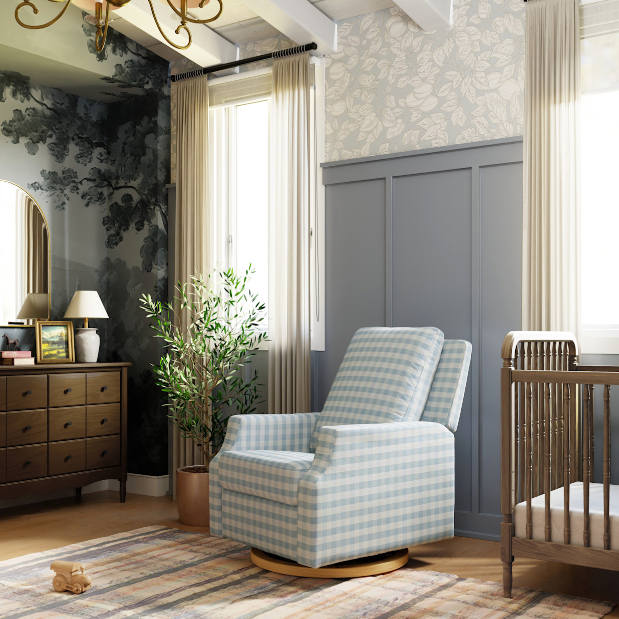 Namesake Crewe Recliner and Swivel Glider - Blue Gingham With Light Wood Base.