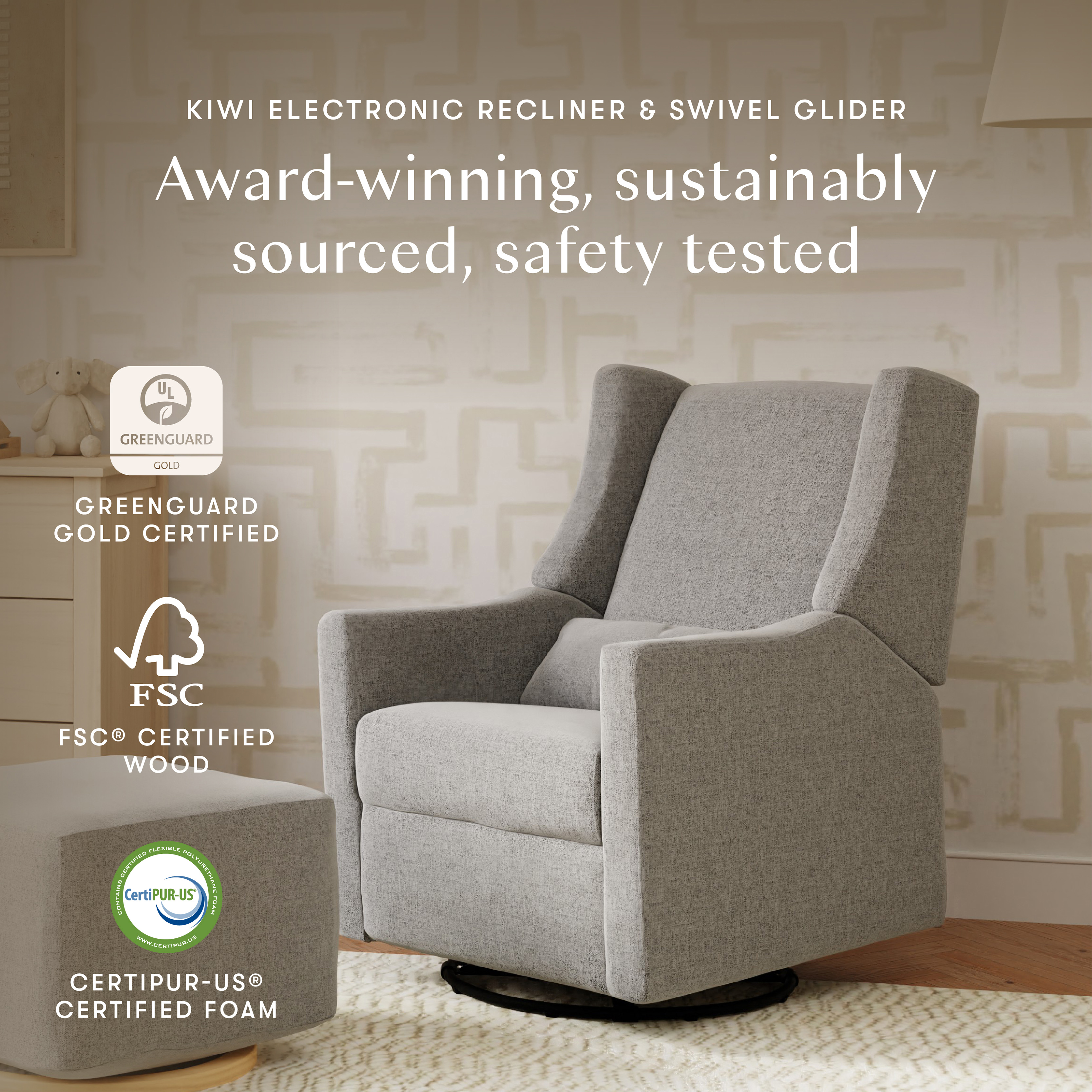 babyletto Kiwi Electronic Recliner and Swivel Glider - Performance Grey Eco Weave.
