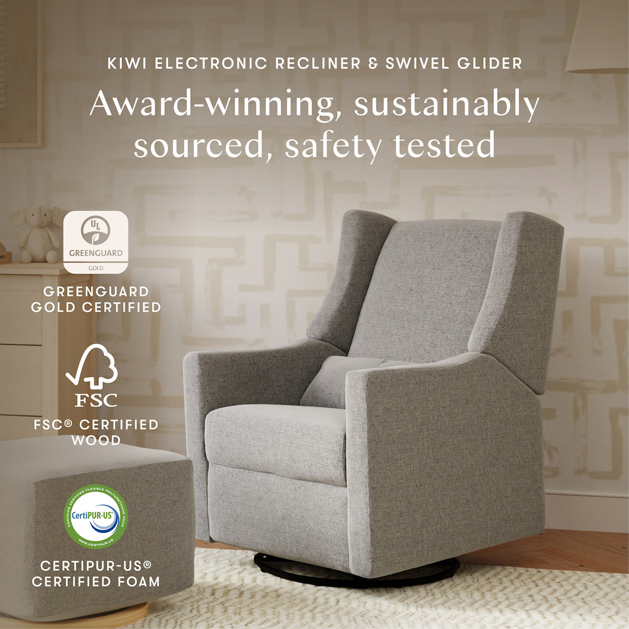 babyletto Kiwi Electronic Recliner and Swivel Glider - Performance Grey Eco Weave.