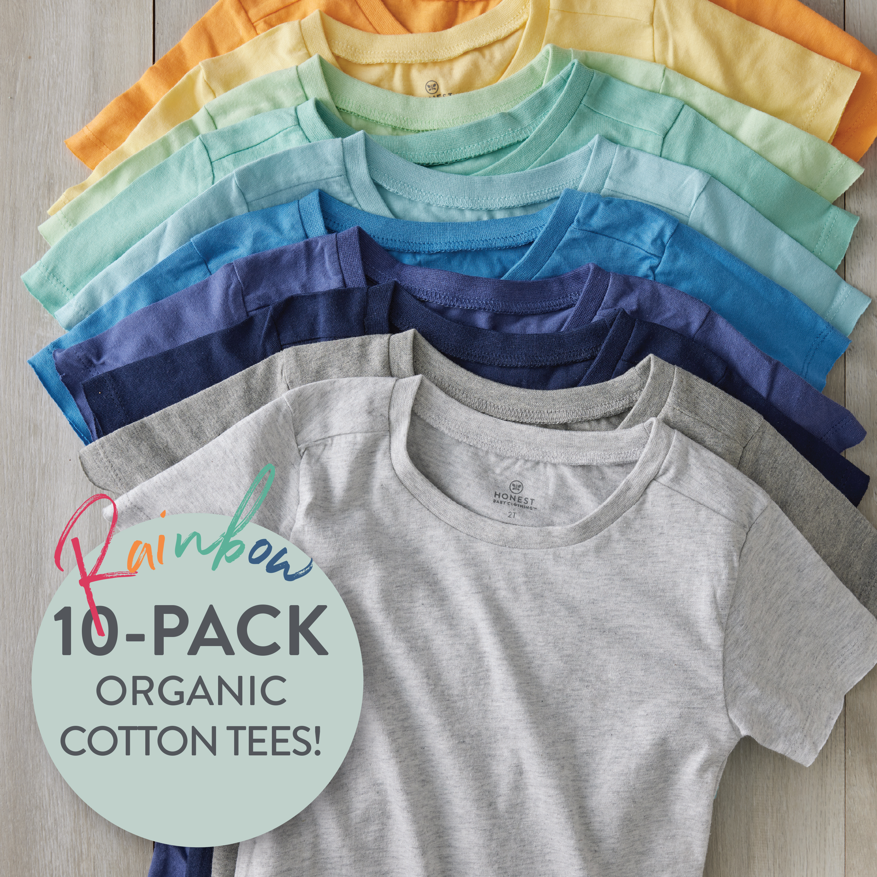 Honest Baby Clothing 10-Pack Organic Cotton Short Sleeve T-Shirts - Rainbow Boy, 0-3 M.