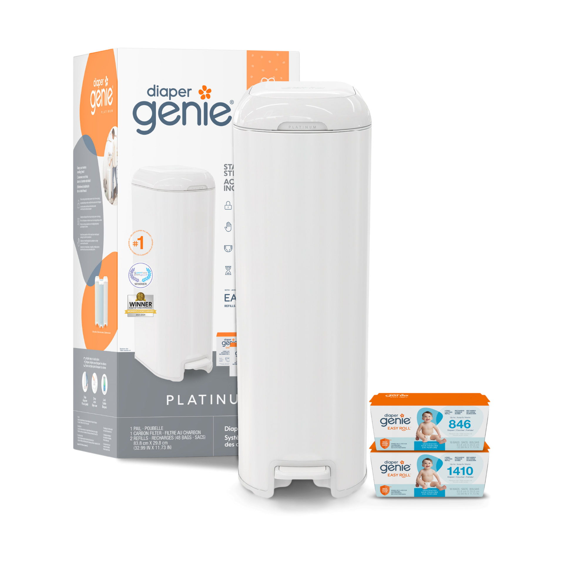 Diaper Genie Platinum Pail Gift Set, Lily White, Made of Durable Stainless Steel and Includes 2 Easy Roll Refills with 18 Bags and 30 Bags