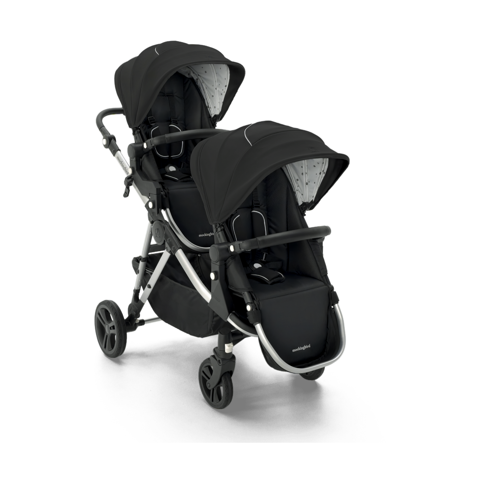 Mockingbird Single-to-Double Stroller 2.0 - Black/Watercolor Canopy With Black Leather.