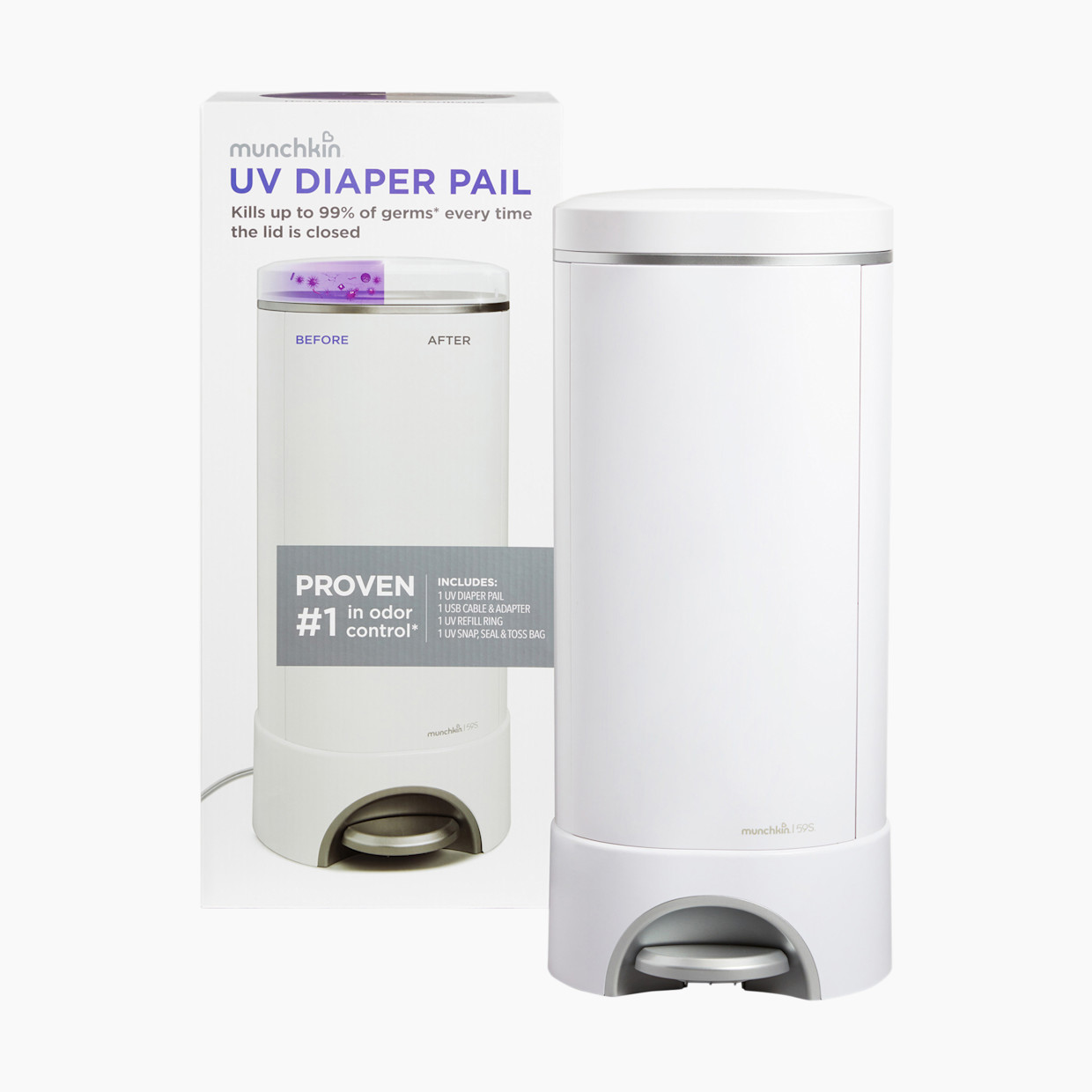 Munchkin UV STEP Diaper Pail - White, Uv Diaper Pail.
