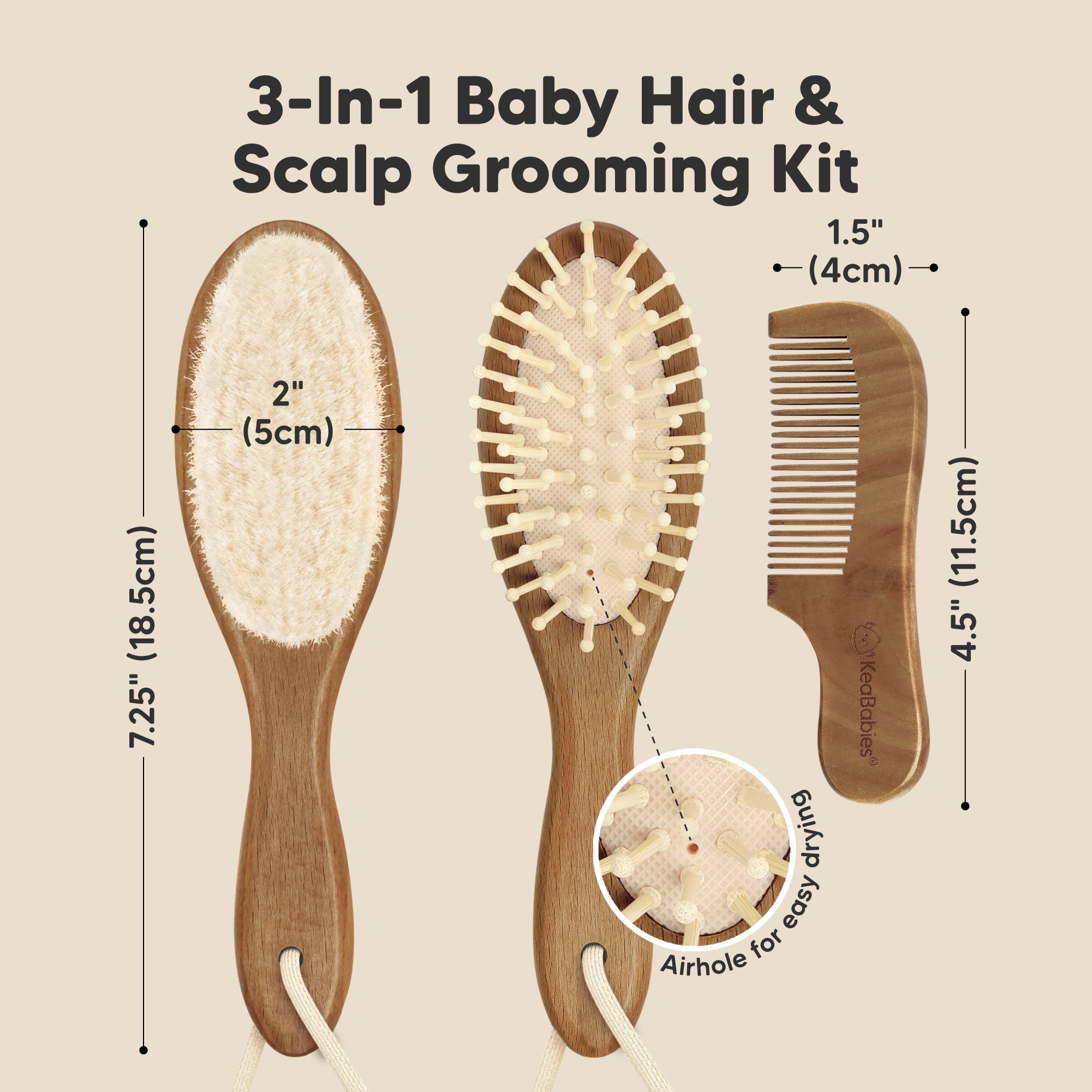 KeaBabies Baby Hairbrush Set - Dark Walnut.