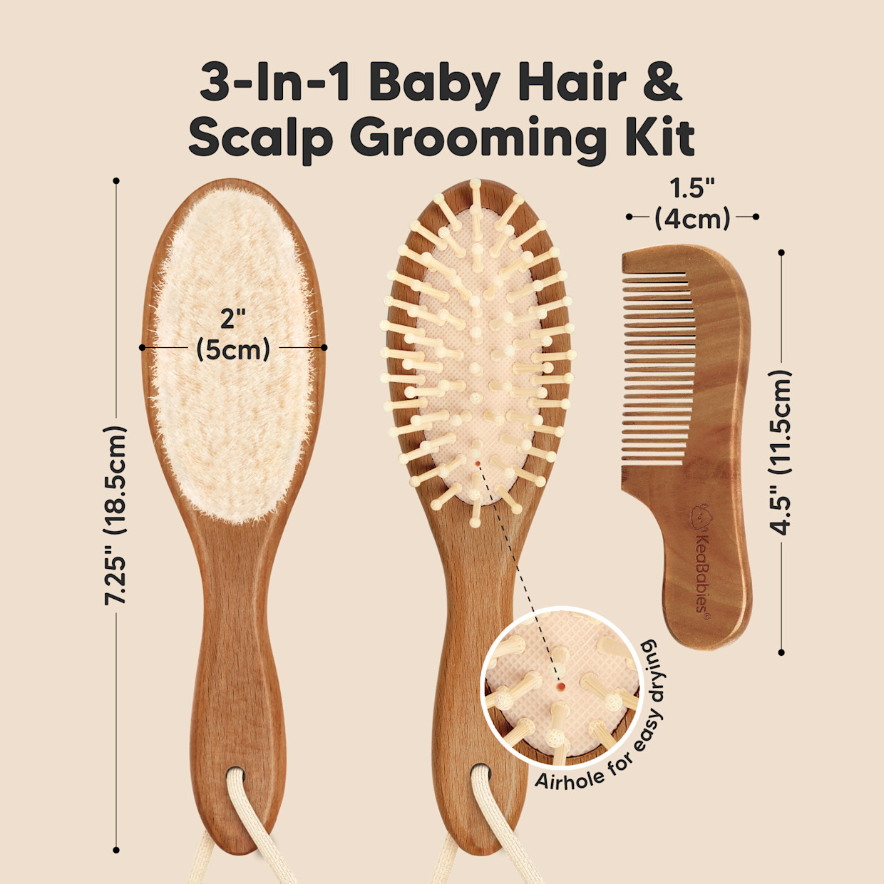 KeaBabies Baby Hairbrush Set - Dark Walnut.