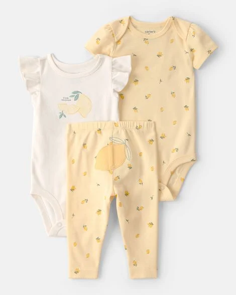 Baby Girl 3-Piece Lemon Bodysuits & Pant Set.