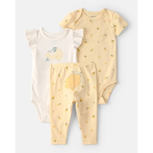 Baby Girl 3-Piece Lemon Bodysuits & Pant Set.