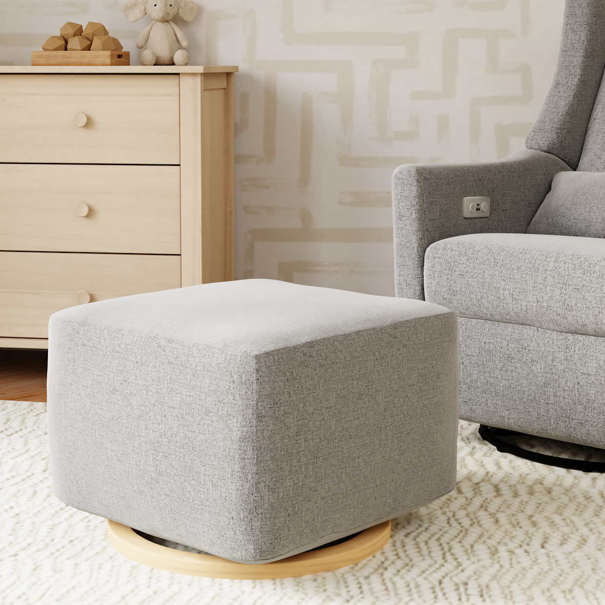 babyletto Kiwi Gliding Ottoman - Performance Grey Eco-Weave With Light Wood Base.