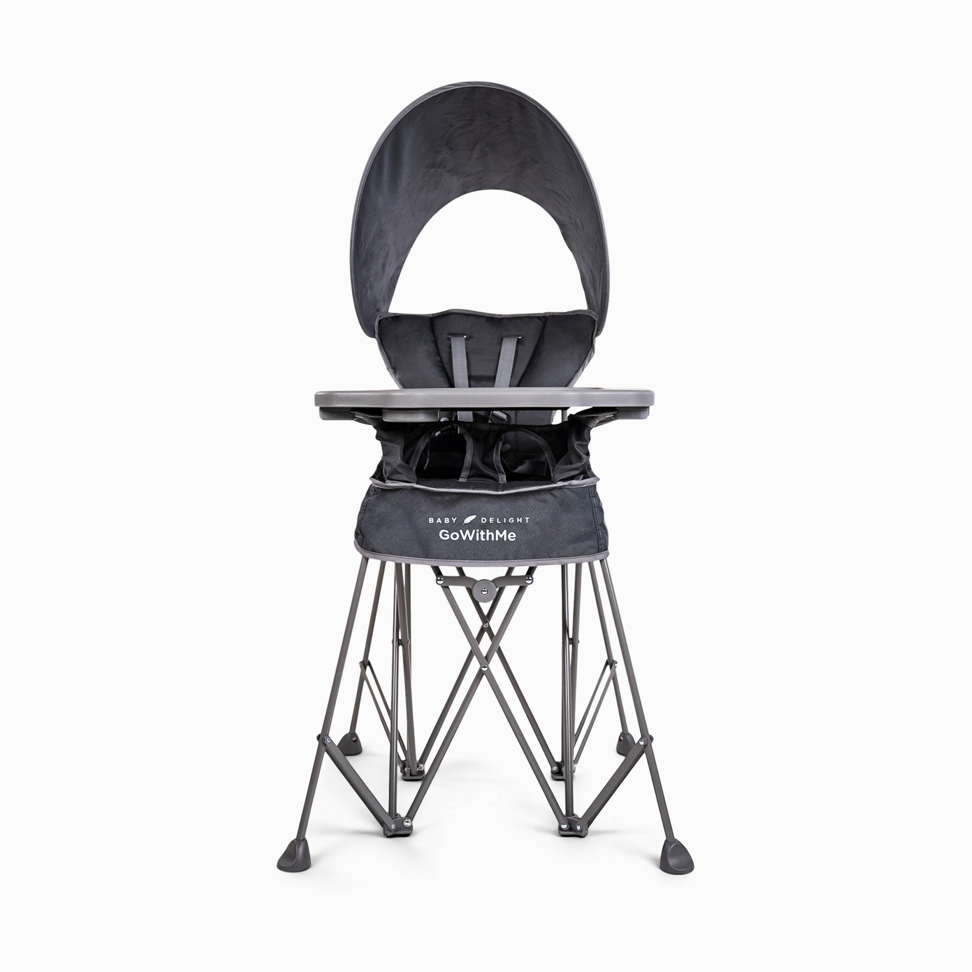 Black portable high chair with canopy on a plain background.