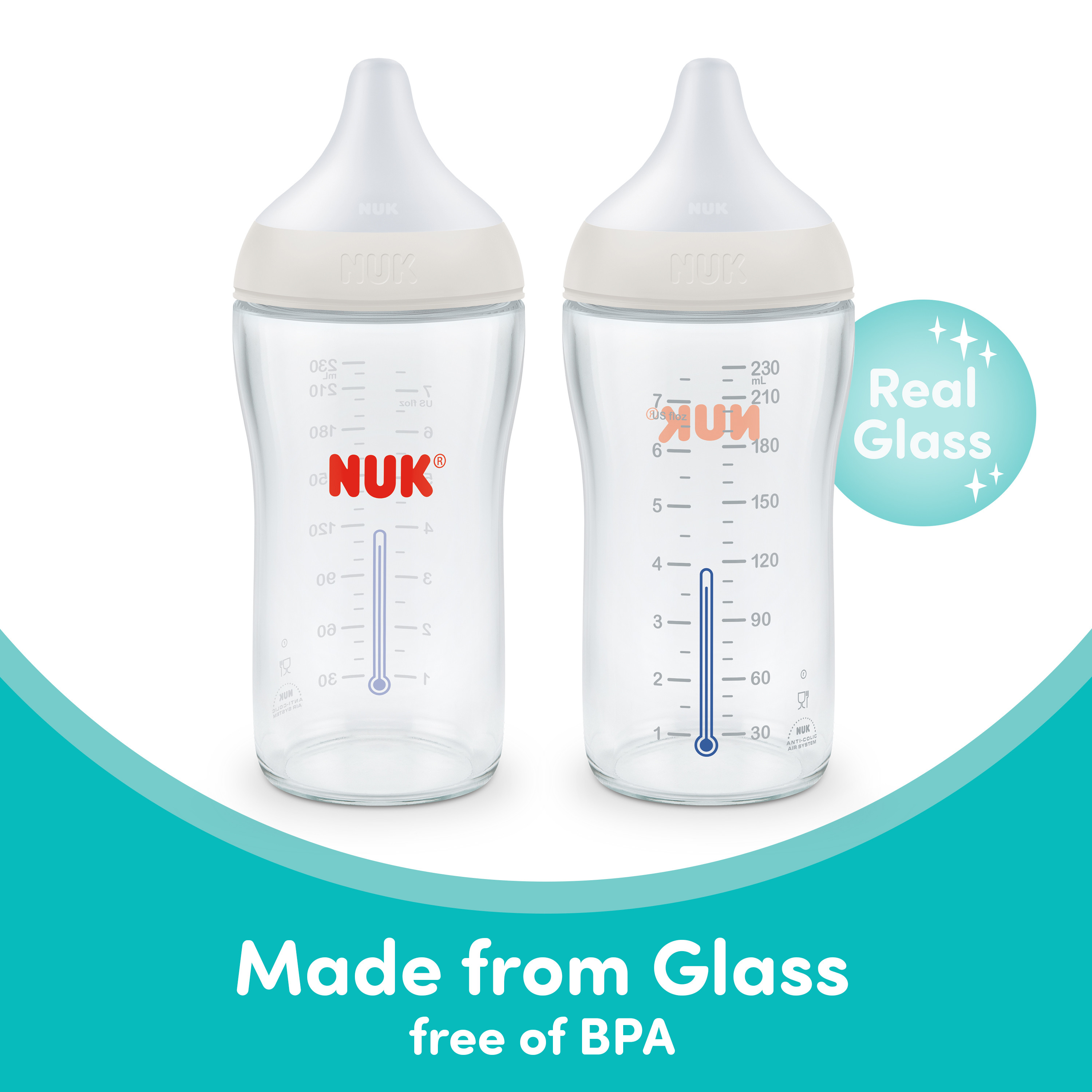 NUK Perfect Match Glass Bottle (2 Pack) - 8 Oz, 2.