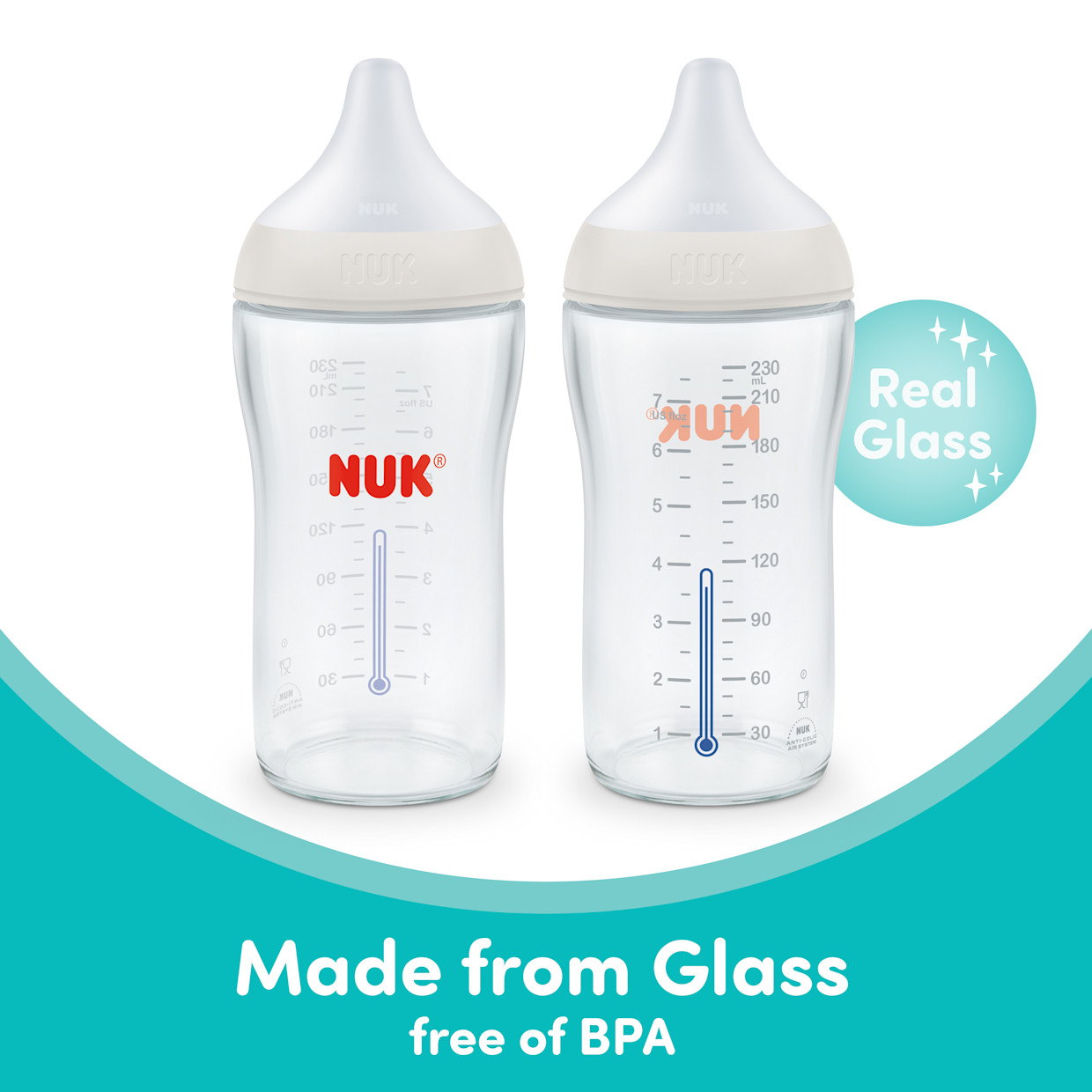 NUK Perfect Match Glass Bottle (2 Pack) - 8 Oz, 2.