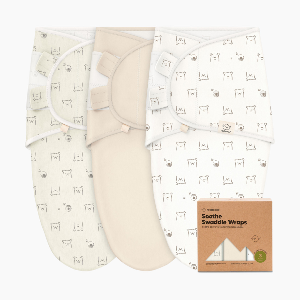 KeaBabies Soothe Swaddle Wraps (3 Pack) - Bumble Bear, One Size, 3.