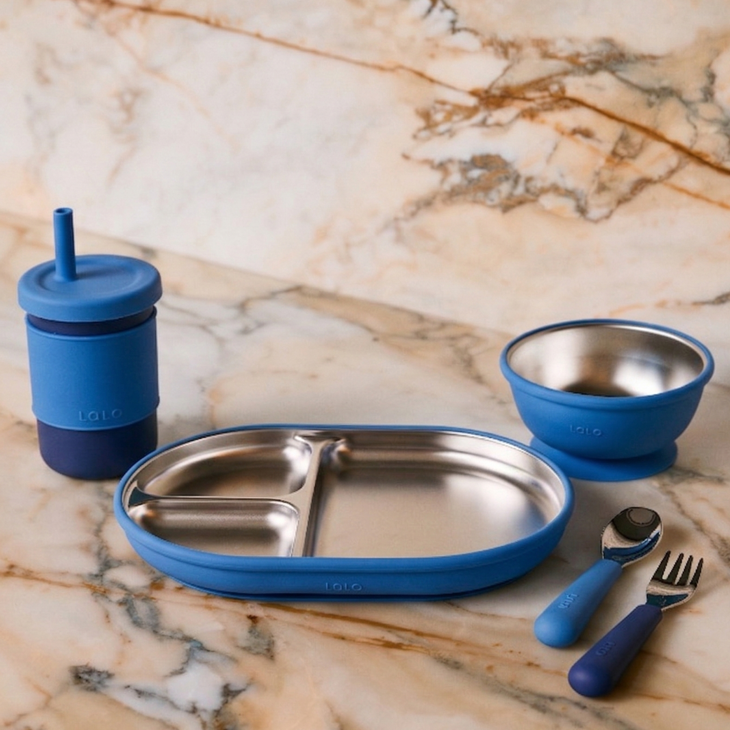 Lalo Stainless Mealtime Essentials - 5pc Set - Blue Raspberry.