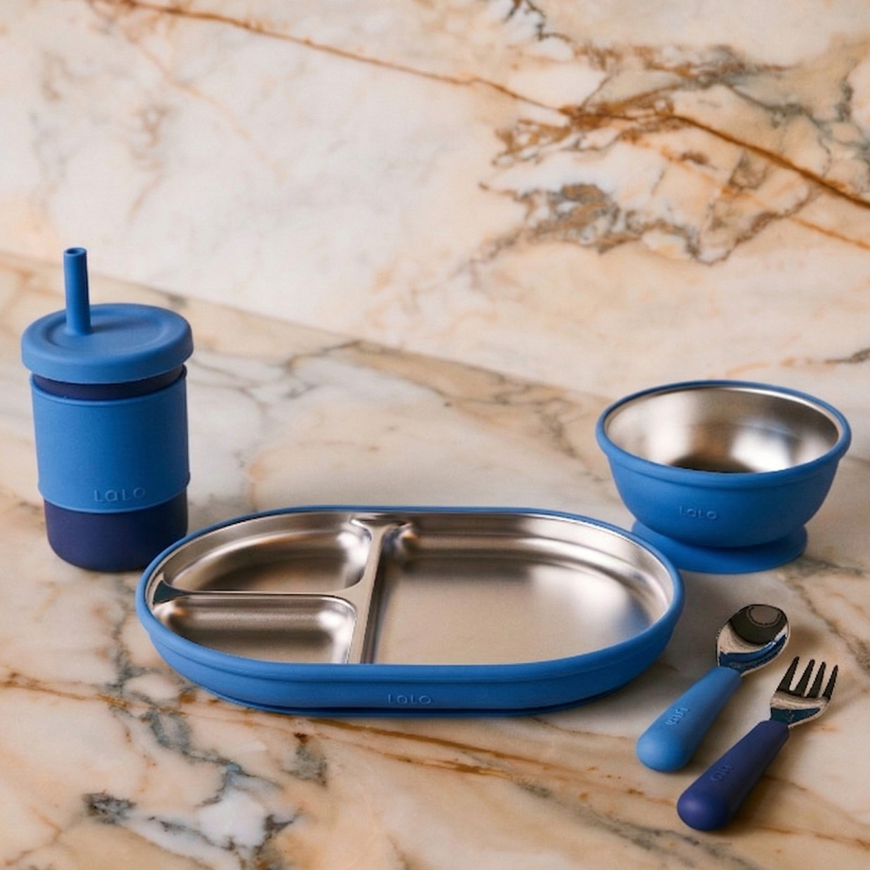 Lalo Stainless Mealtime Essentials - 5pc Set - Blue Raspberry.