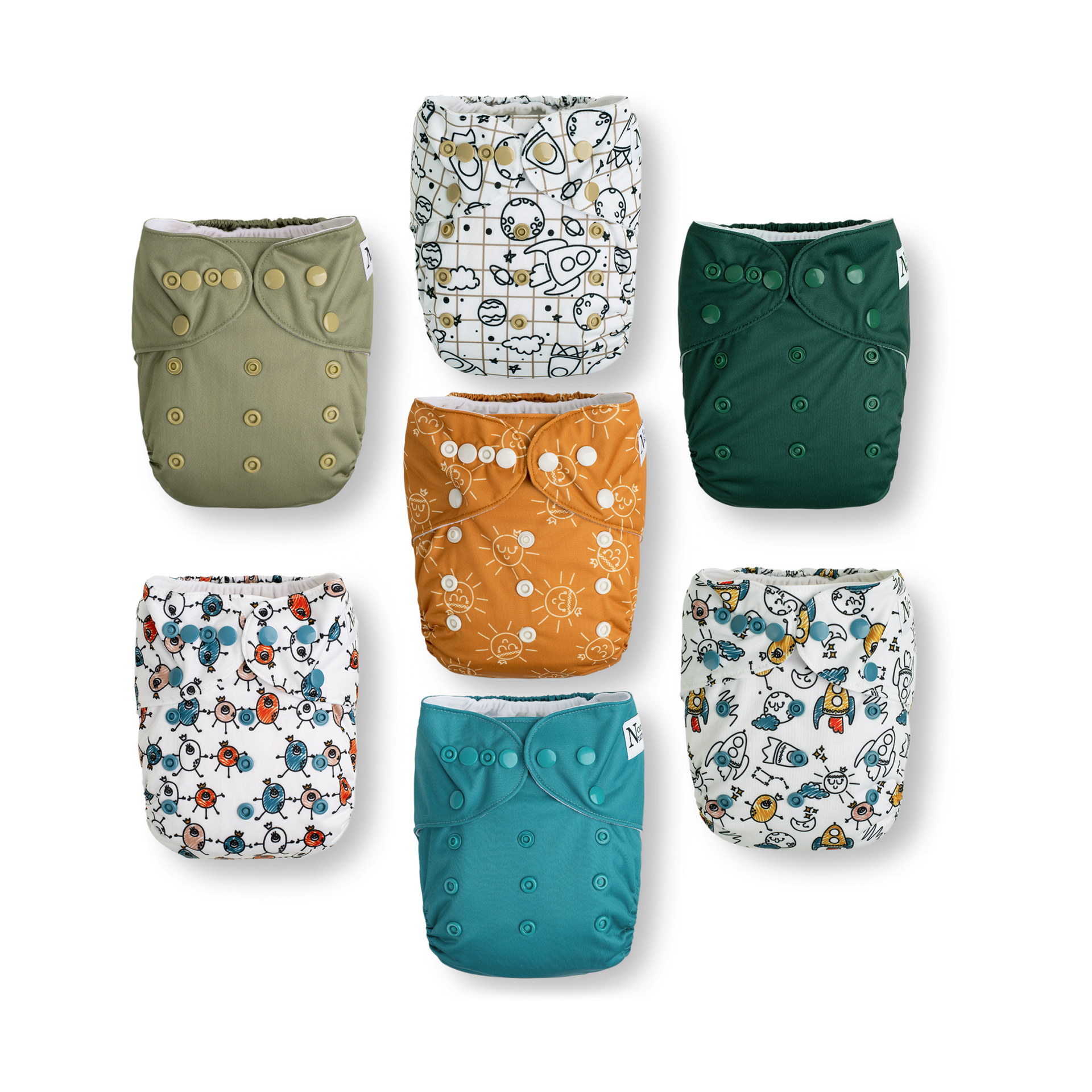 Couches Lavables Nora's Nursery 7 Pack - Avec Inserts Bambou Et Wet Bag, Imperméables, Ajustables De 4,5 à 16kg