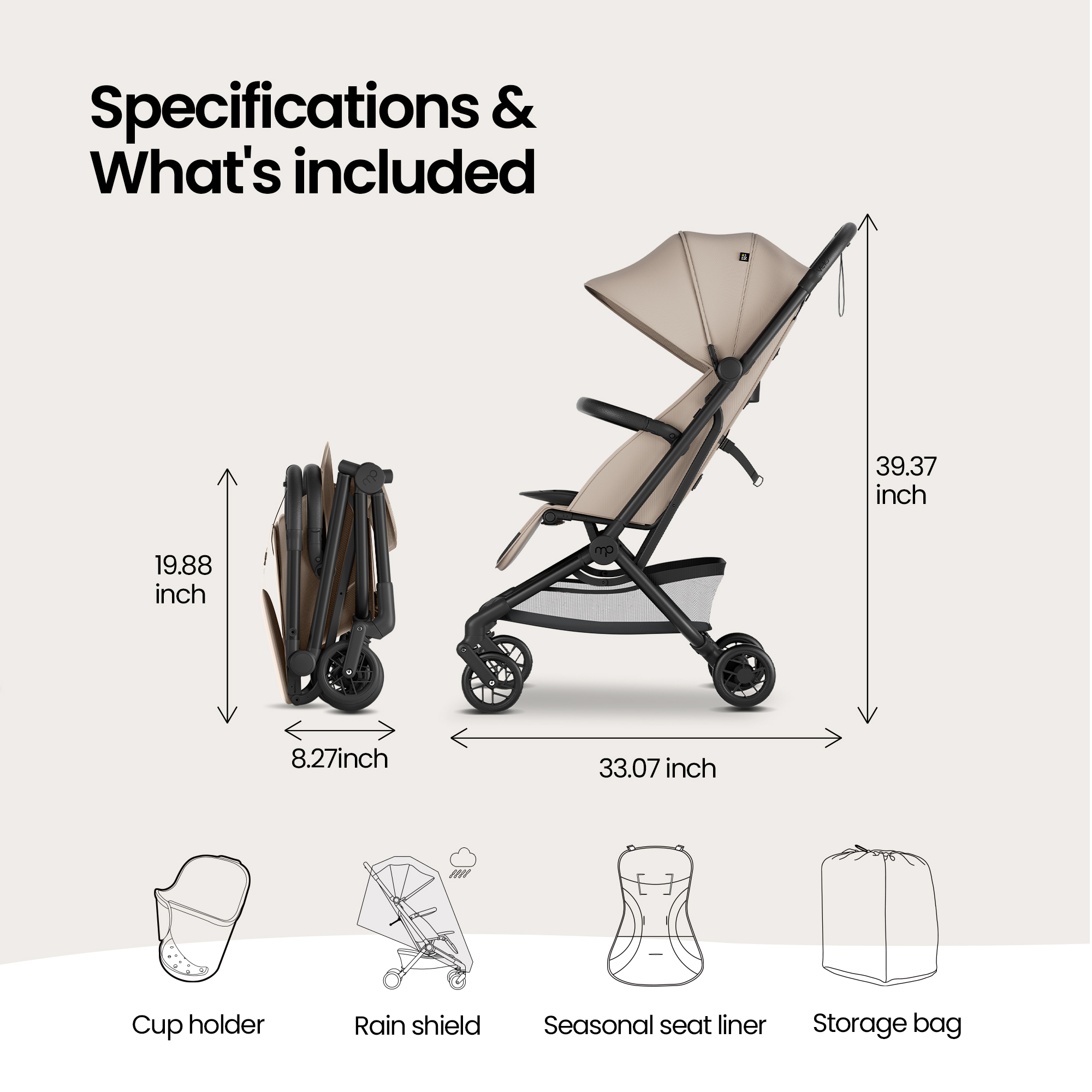 Mompush Velo Travel Stroller - Khaki.