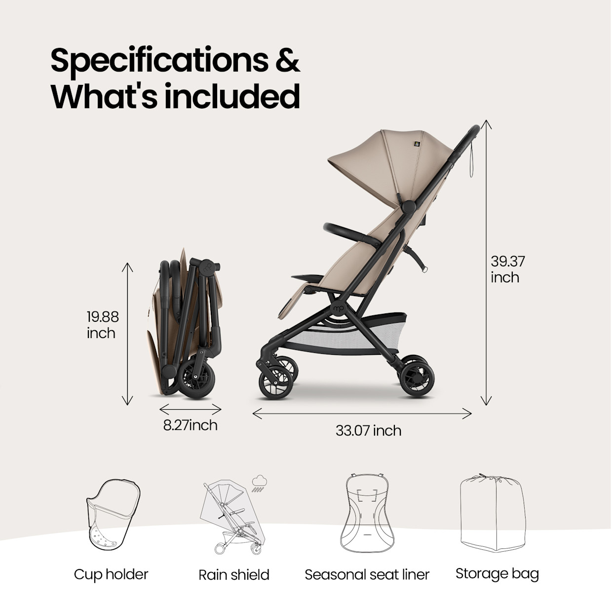 Mompush Velo Travel Stroller - Khaki.