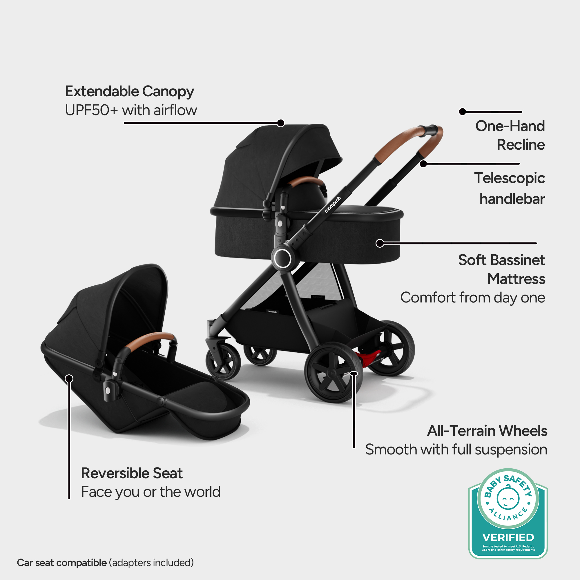 Mompush Ultimate 2 Stroller & Bassinet - Black.
