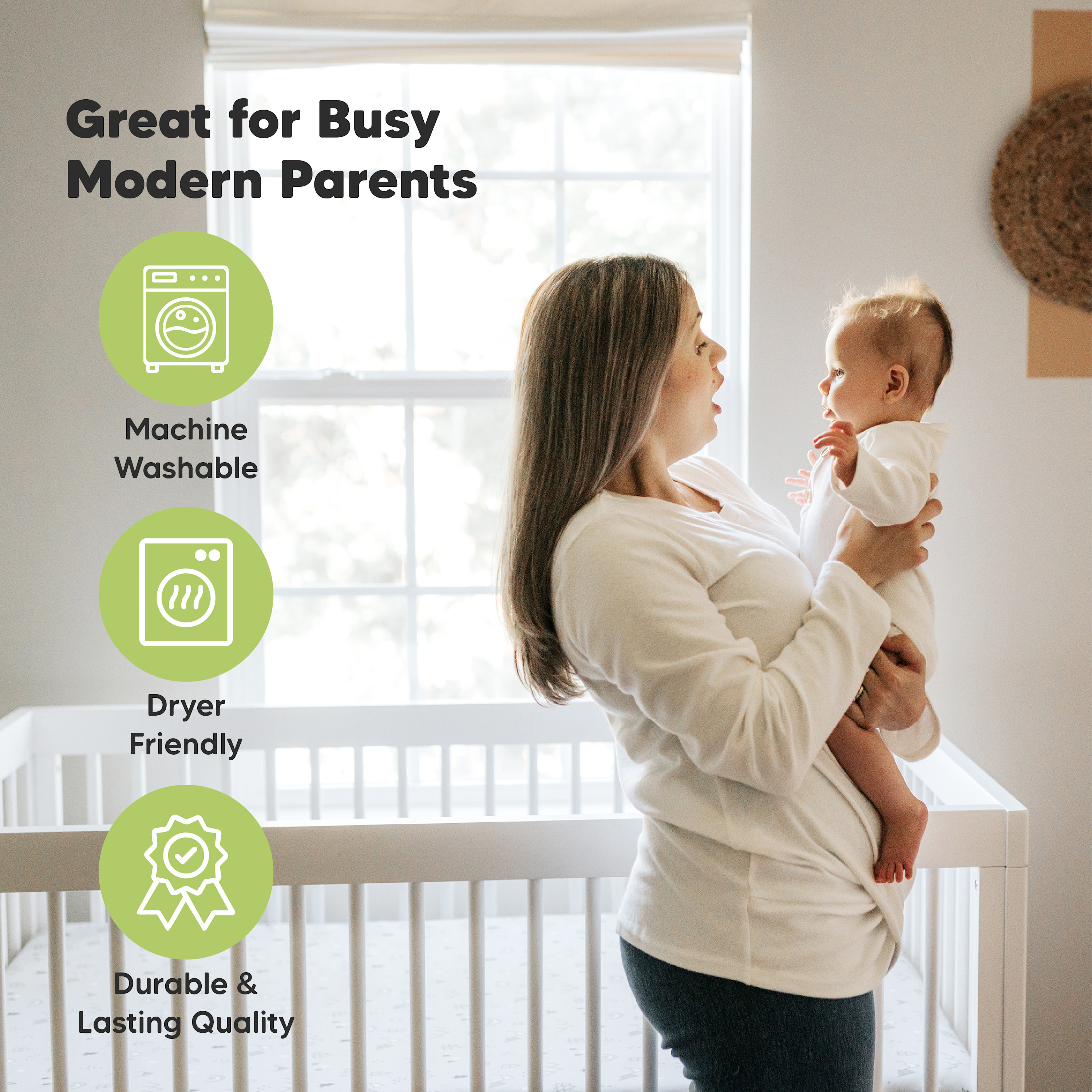 Mother gently holding baby in a crib, emphasizing durability and washability.