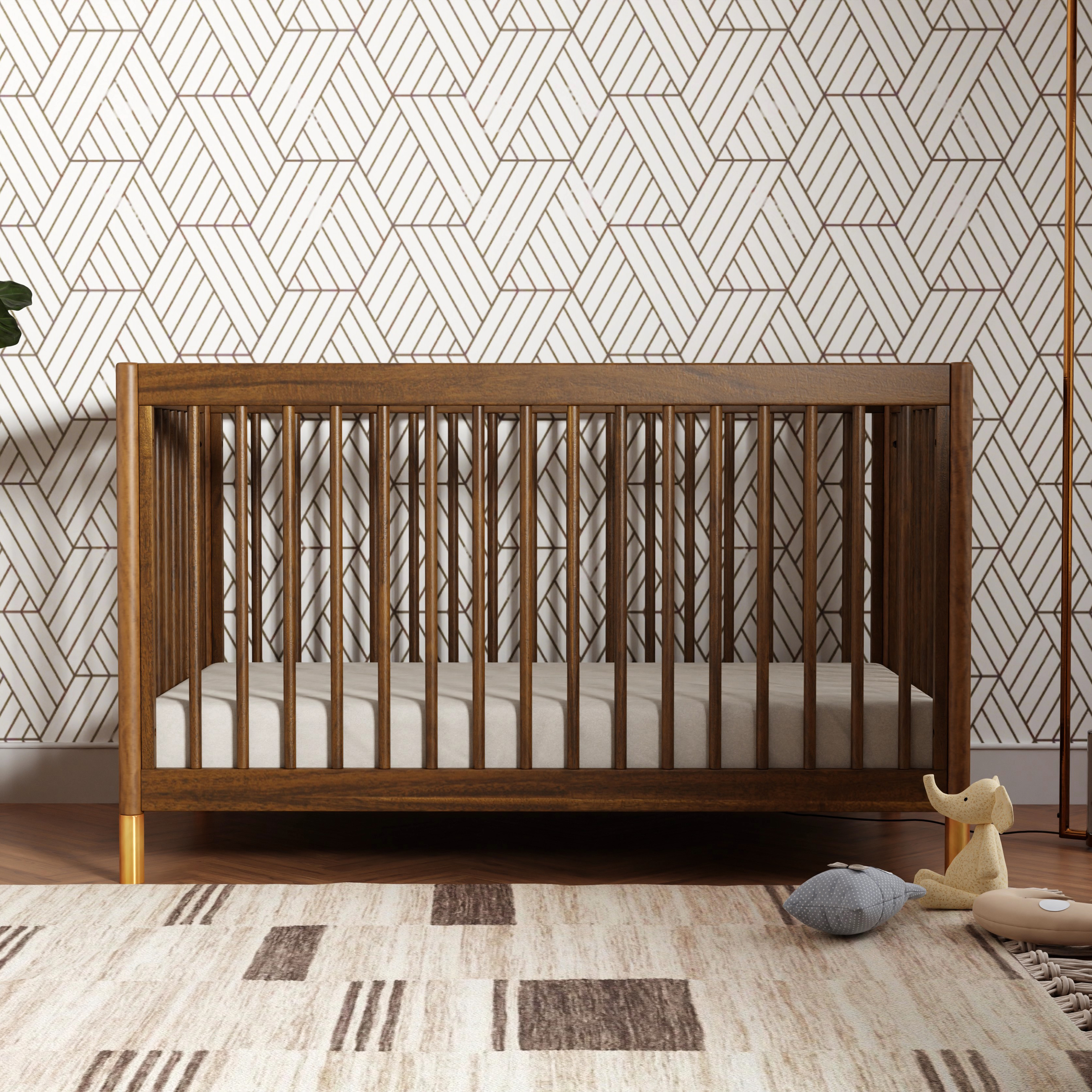 babyletto Gelato 4-in-1 Convertible Crib with Toddler Bed Conversion Kit - Natural Walnut & Gold Feet.