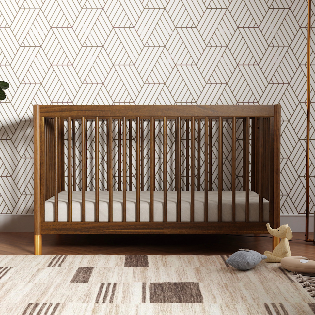 babyletto Gelato 4-in-1 Convertible Crib with Toddler Bed Conversion Kit - Natural Walnut & Gold Feet.