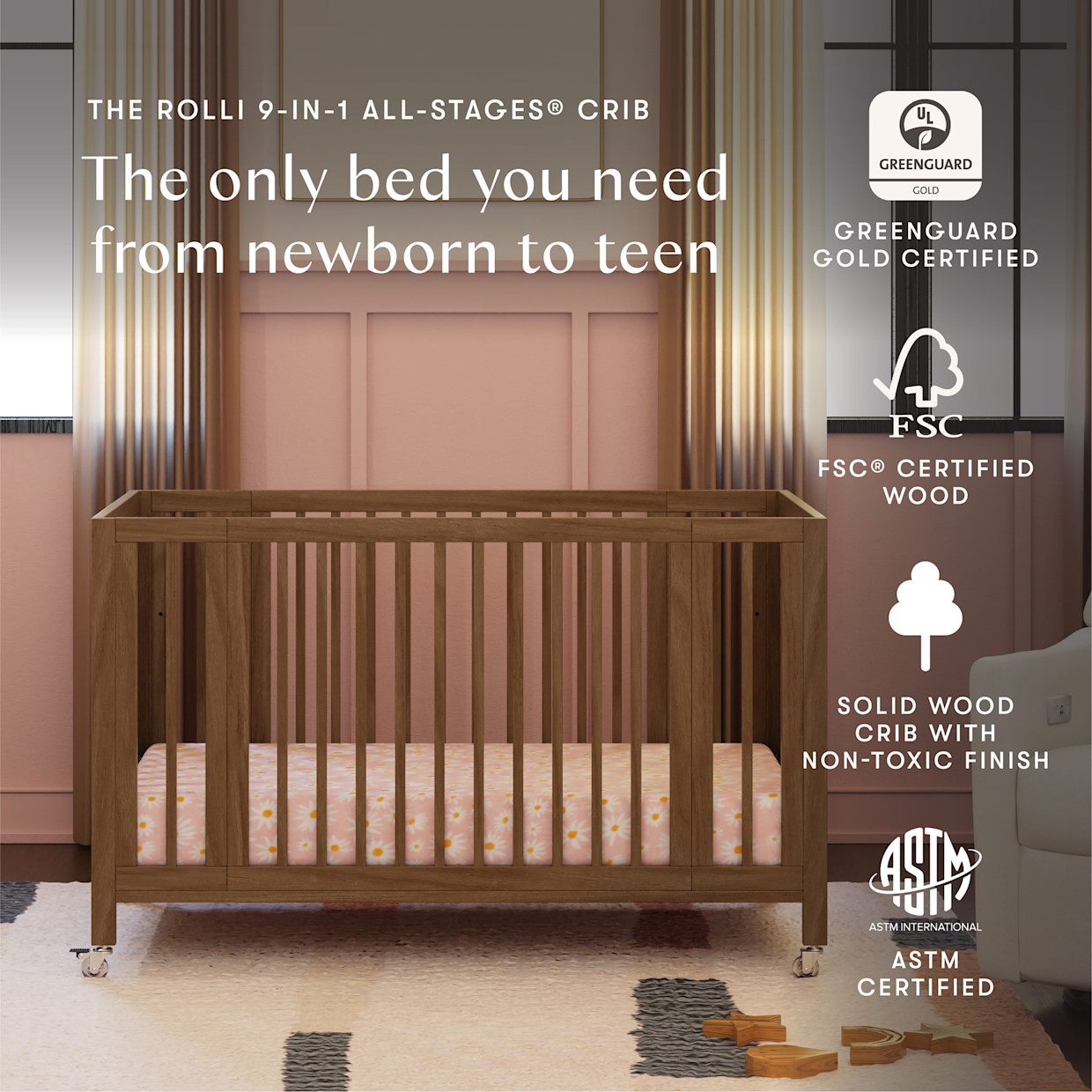 babyletto Rolli 9-in-1 Convertible All-Stages Crib with Bassinet & Toddler Bed Conversion Kits - Natural Walnut.