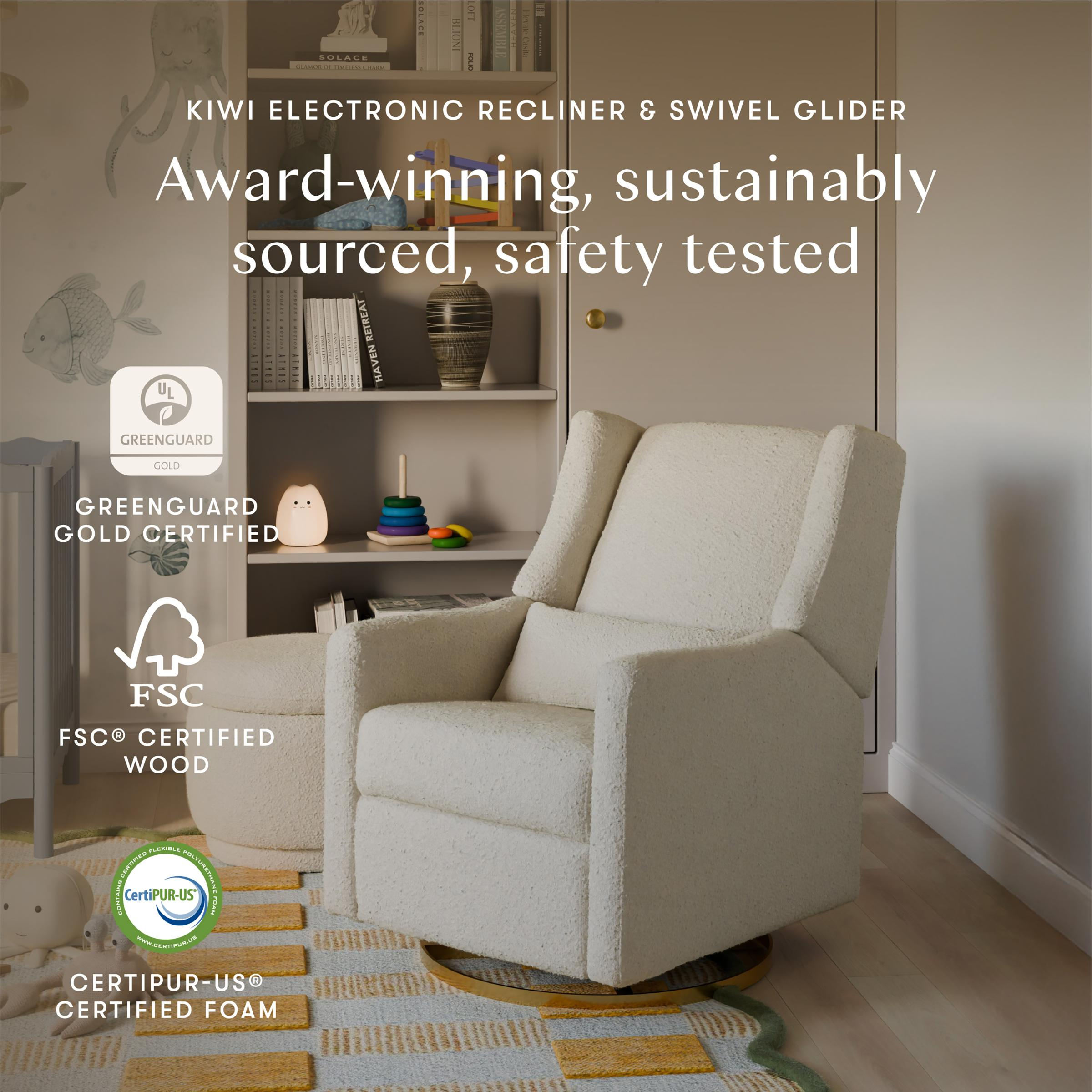 babyletto Kiwi Electronic Recliner and Swivel Glider - Ivory Boucle With Gold Base.