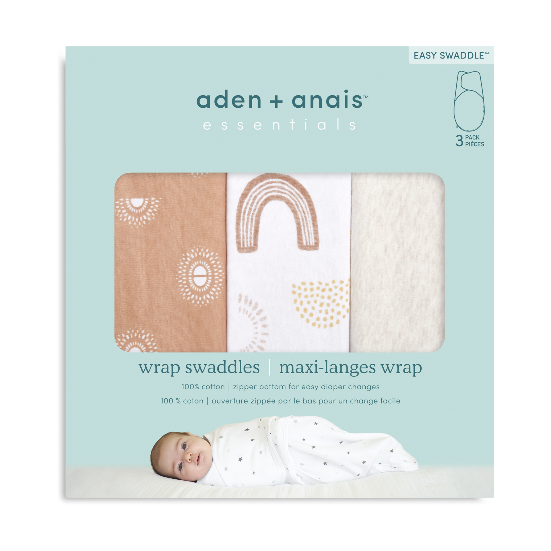 Aden + Anais Essentials Cotton Wrap Swaddles (3 Pack) - Keep Rising, 0-3 Months, 3.