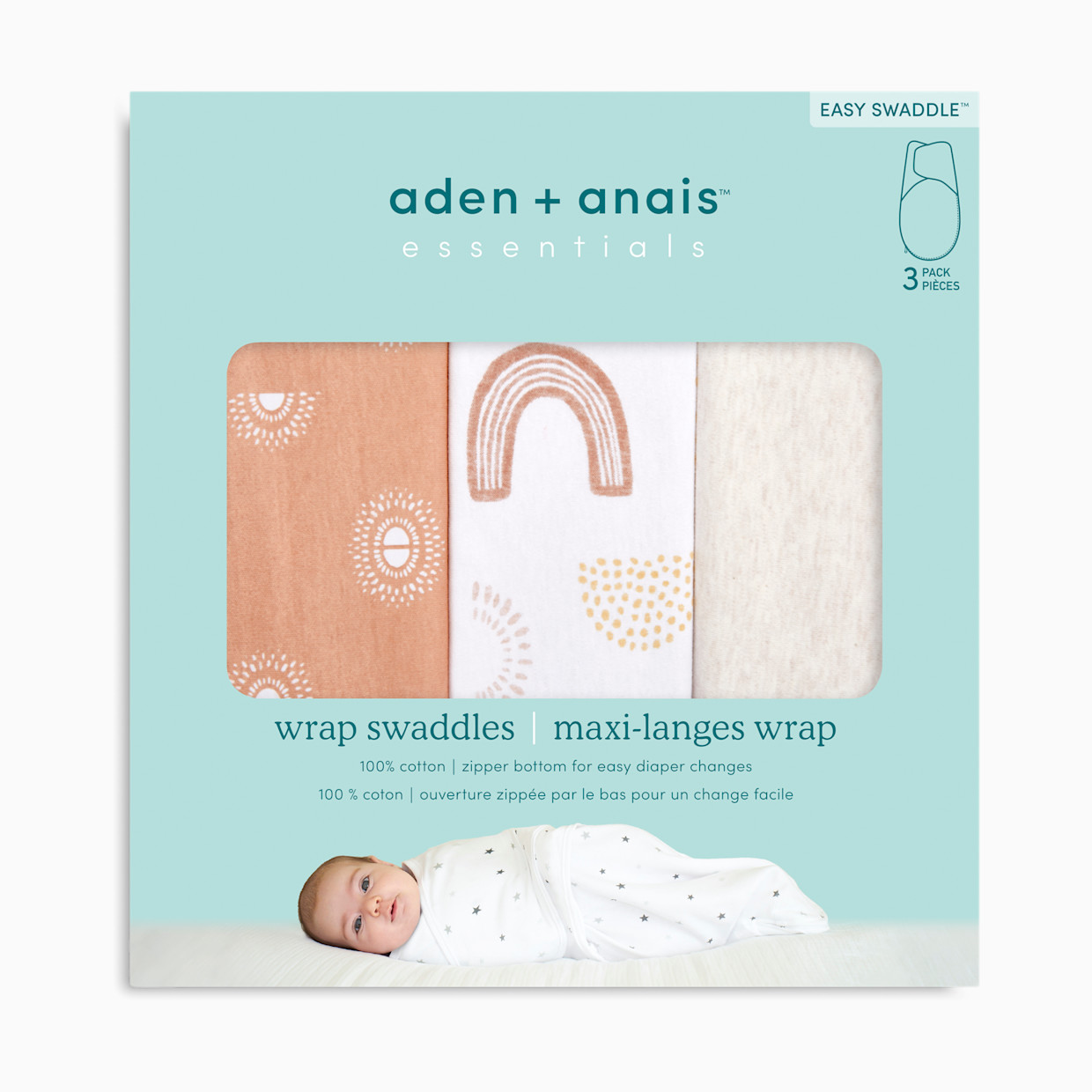Aden + Anais Essentials Cotton Wrap Swaddles (3 Pack) - Keep Rising, 0-3 Months, 3.