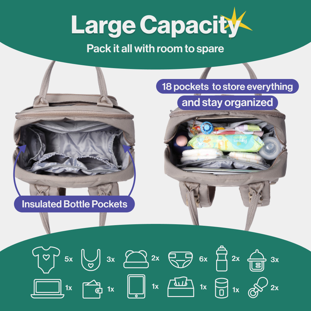 Babbleroo Original Diaper Bag Backpack - Khaki.