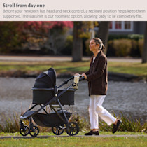 Mockingbird bassinet on a stroller outdoors in Rose