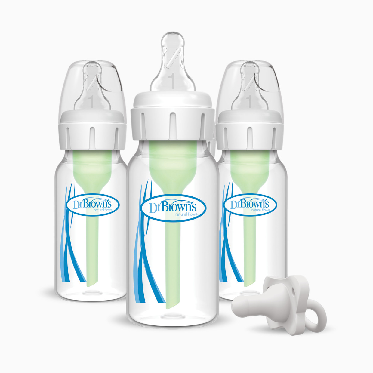 Dr. Brown's Options+ Narrow Anti-Colic Baby Bottles + Happy Paci Set (3 Pack) - Clear/White, 4 Oz, 0 -Up Months.