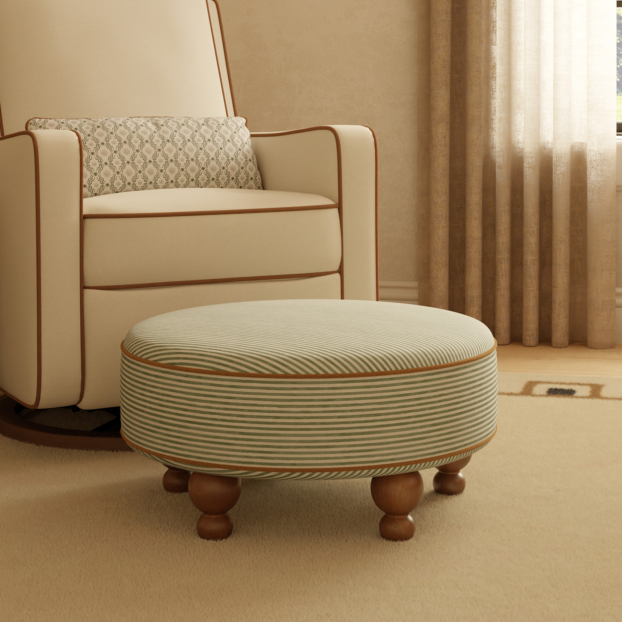 babyletto Astre Ottoman by Nate Berkus - Performance Olive Stripe Eco-Crossweave With Toffee Feet.