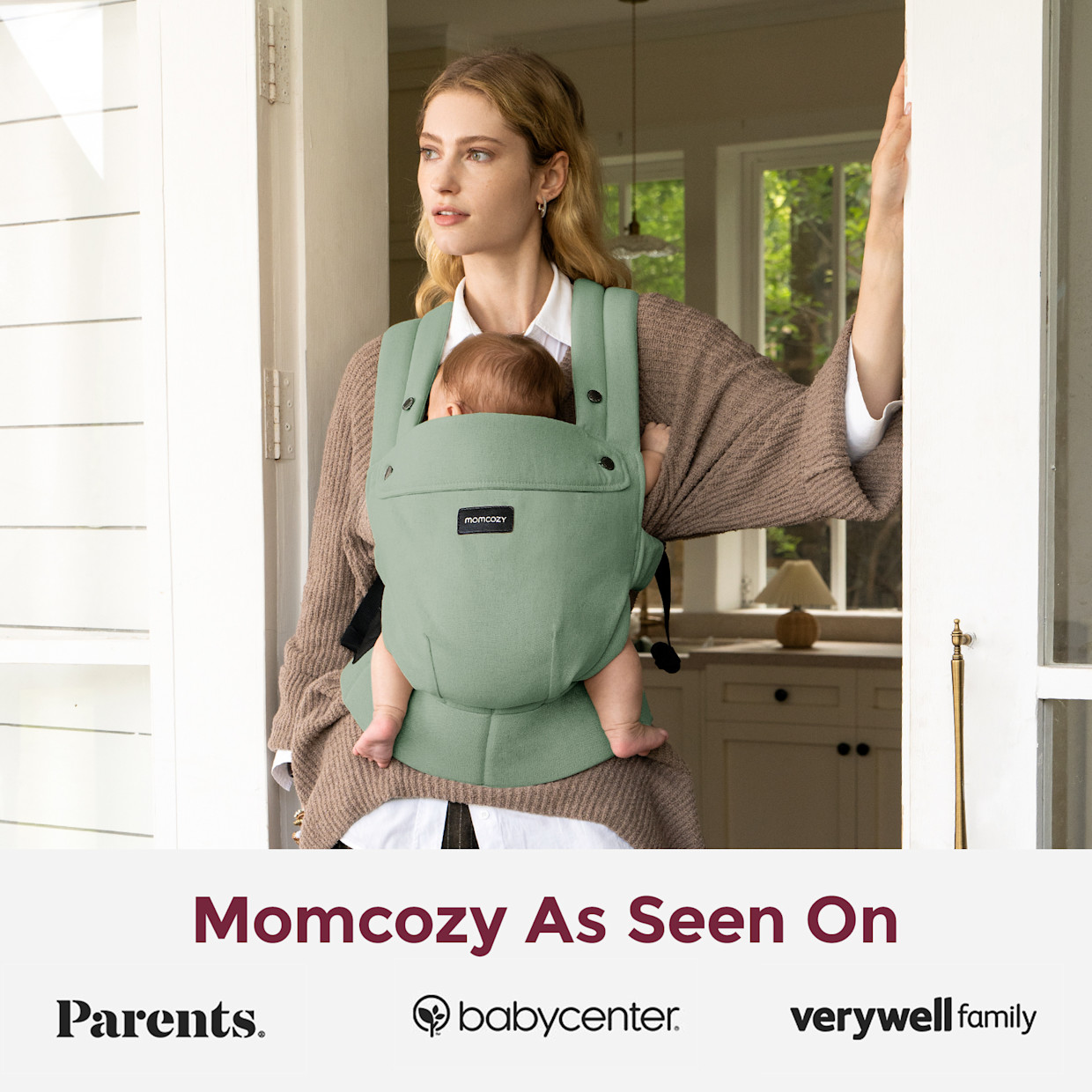 Momcozy Baby Carrier with Natural Cotton Linen - Sage Green.