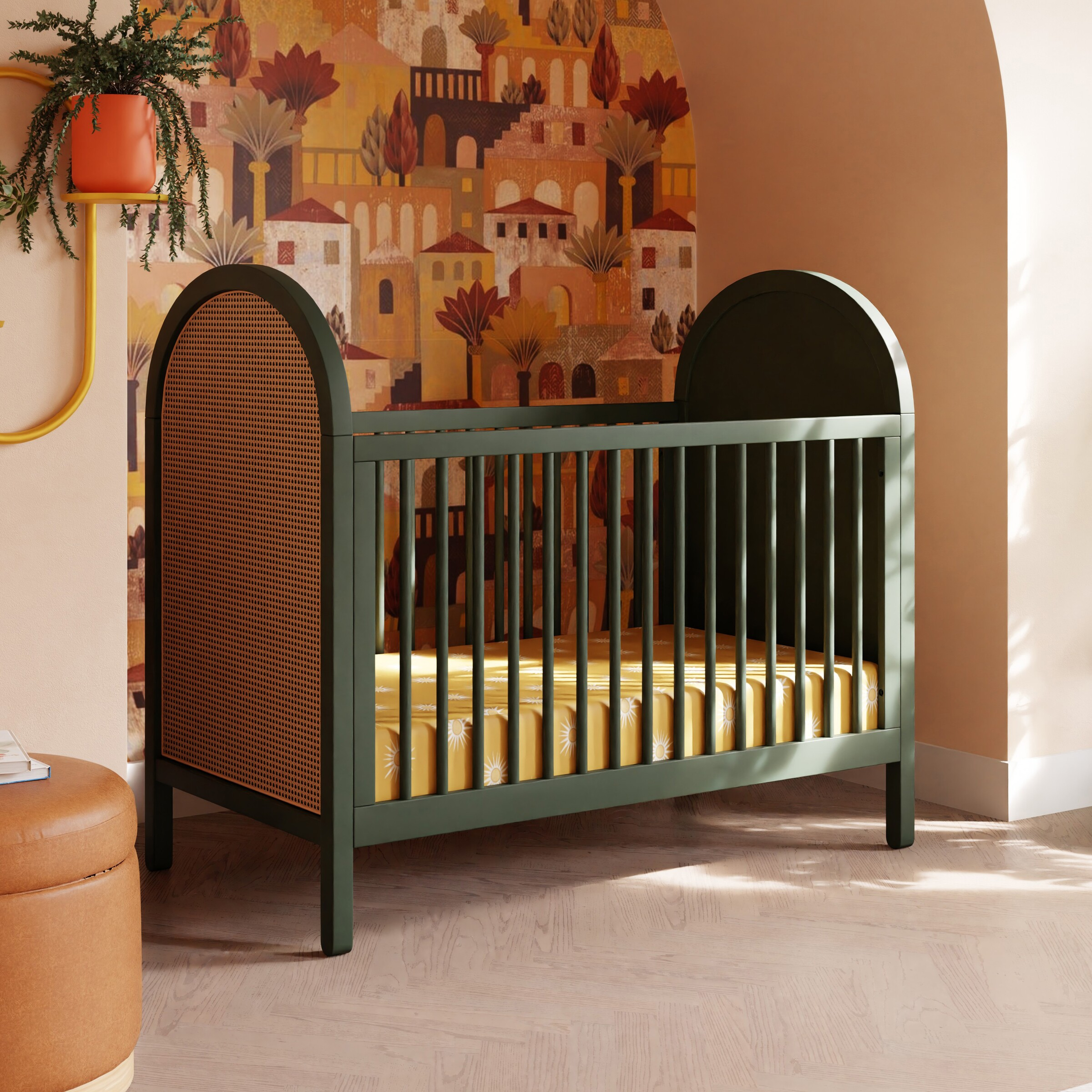 babyletto Bondi 3-in-1 Convertible Crib with Toddler Bed Conversion Kit - Forest Green With Natural Cane.