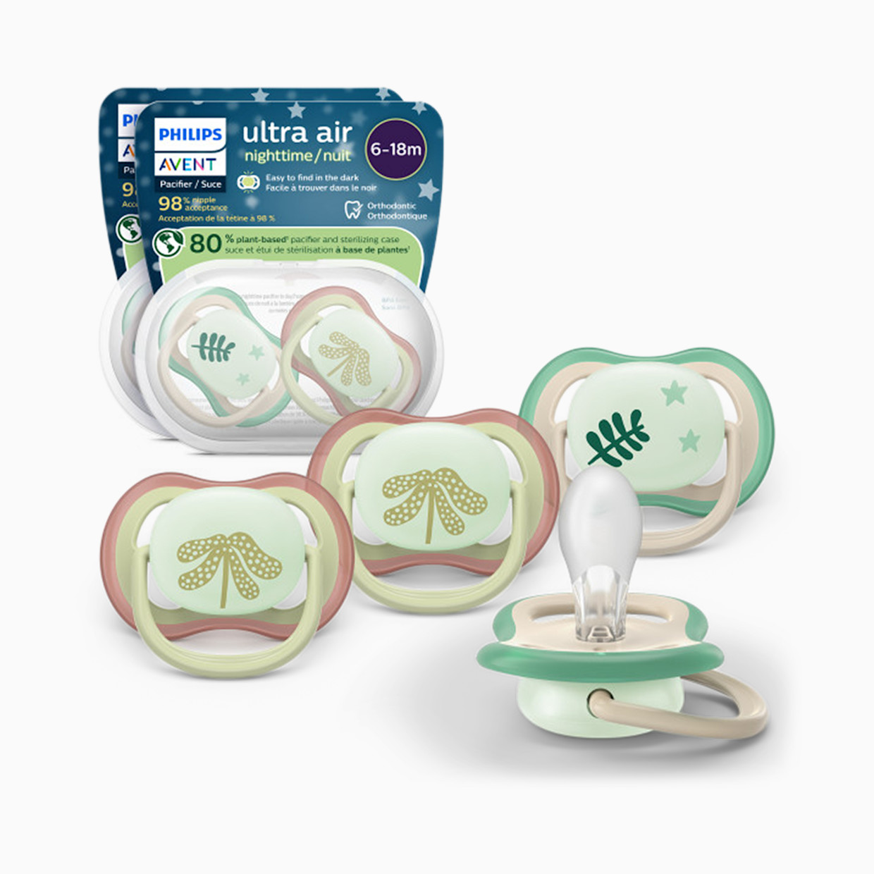 Philips Avent Ultra Air Pacifier Night 6-18M (4 Pack) - Fern Night / Pancake Plant, 6-18M.