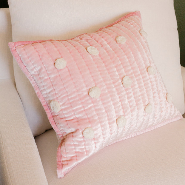 Crane Baby Pom Pom Quilted Pillow - Rose Velvet.