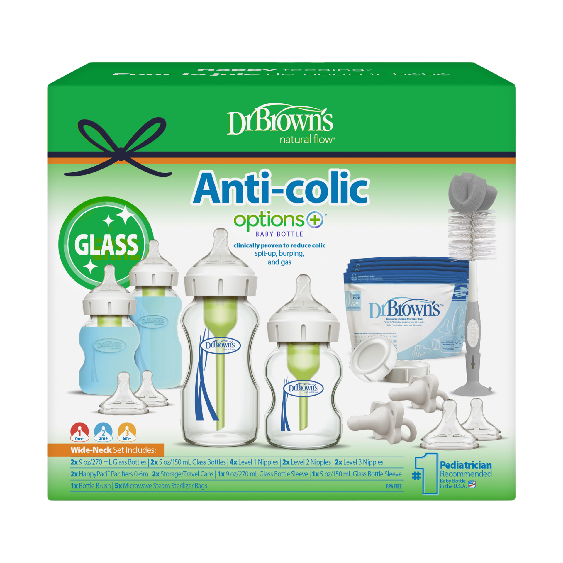 Dr. Brown's Anti-colic Options+ Wide-Neck Glass Bottle Starter Set.