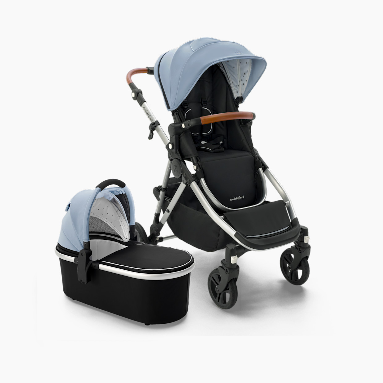 Mockingbird Single-to-Double Stroller 2.0 and Bassinet Bundle - Sky/Watercolor Canopy With Penny Leather.