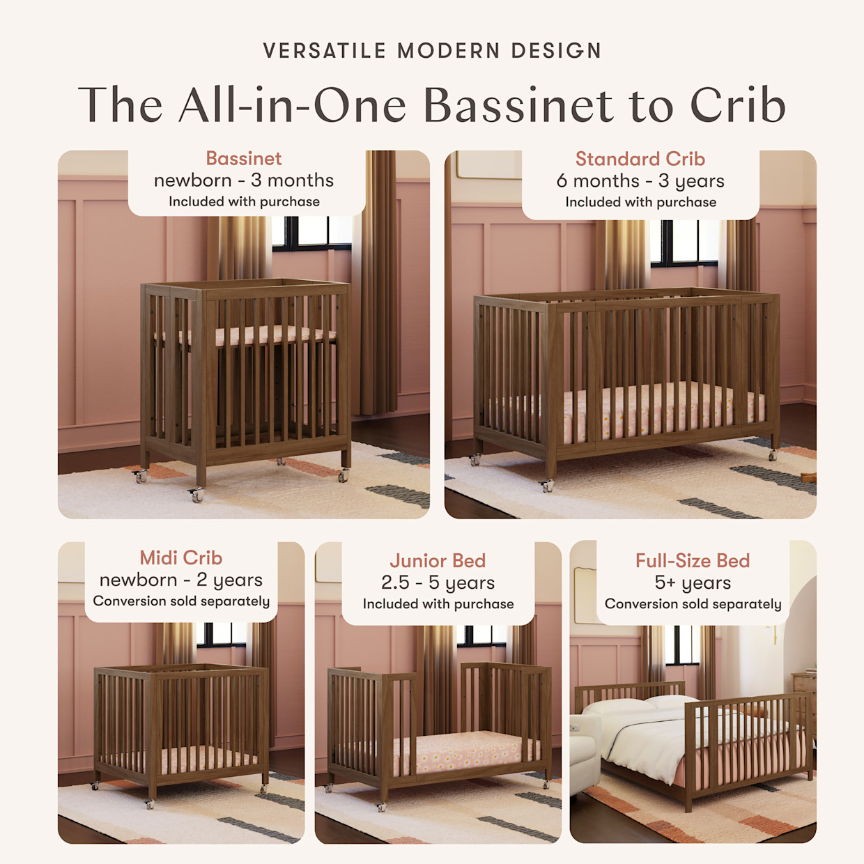 babyletto Rolli 9-in-1 Convertible All-Stages Crib with Bassinet & Toddler Bed Conversion Kits - Natural Walnut.