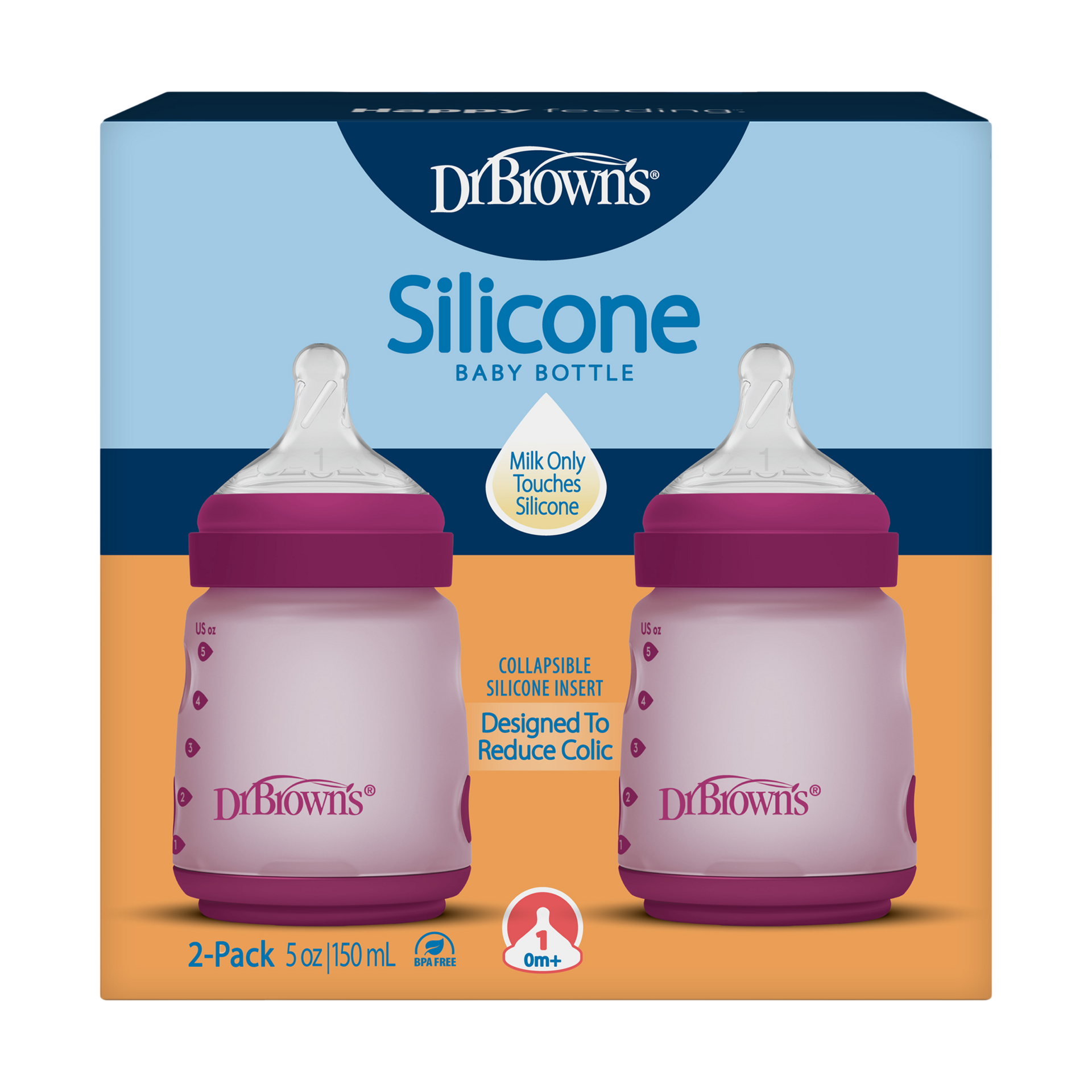 Dr. Brown's Options+ Wide-Neck Silicone Baby Bottles - Pink, 5 Oz.