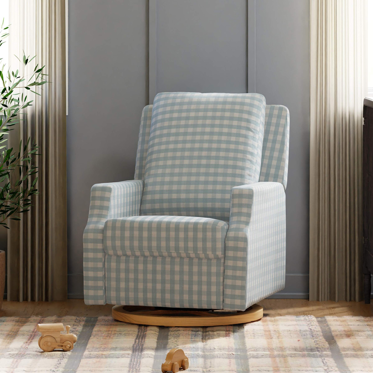 Namesake Crewe Recliner and Swivel Glider - Blue Gingham With Light Wood Base.