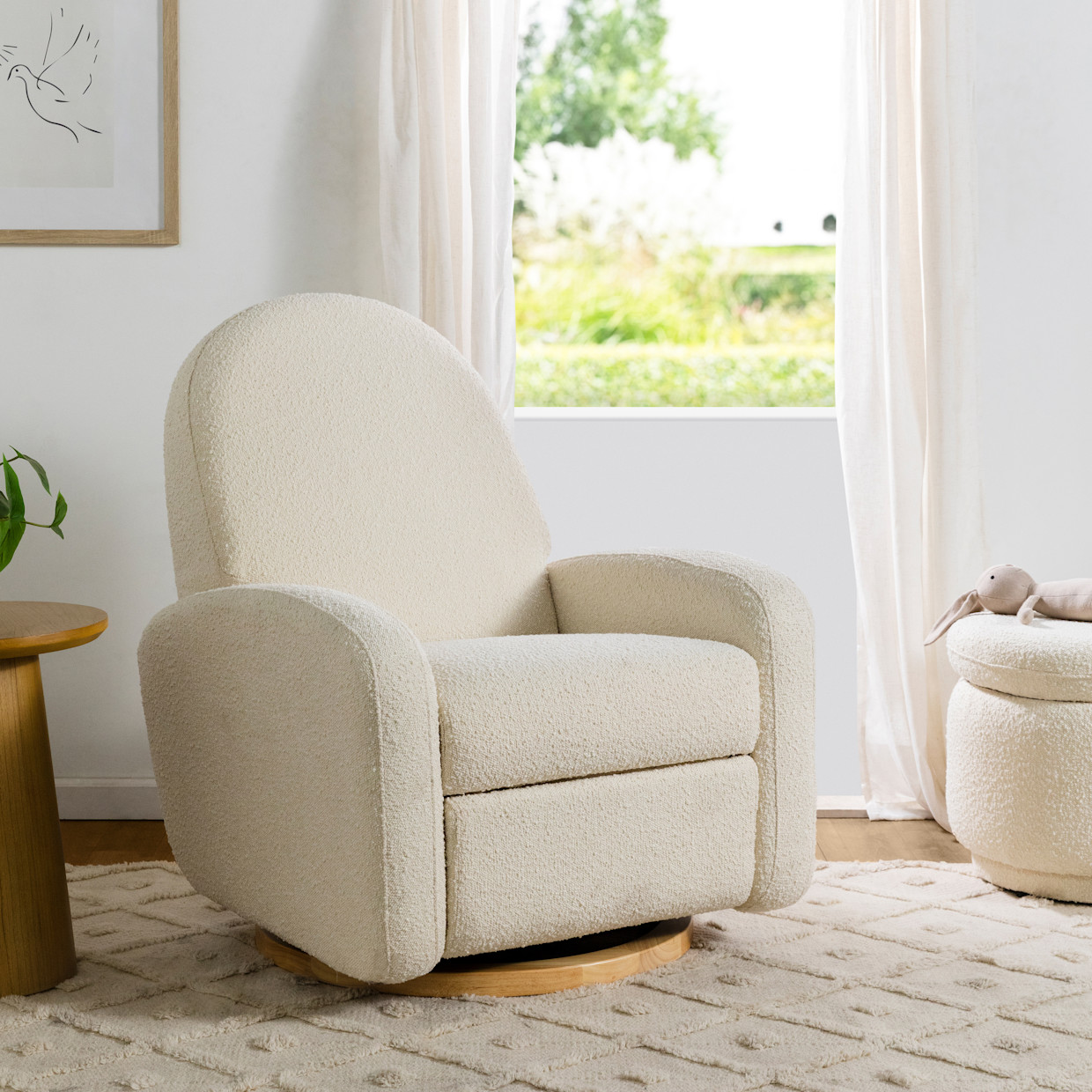babyletto Nami Electronic Recliner and Swivel Glider - Ivory Boucle With Light Wood Base.
