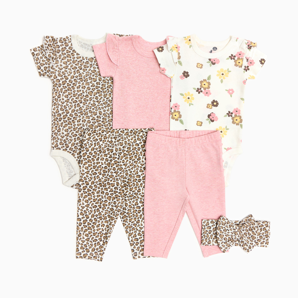 Small Story Organic Cotton Ruffle Bodysuit, Pant & Headband 6-Piece Set - Leopard, Floral & Pink, 3-6 M.