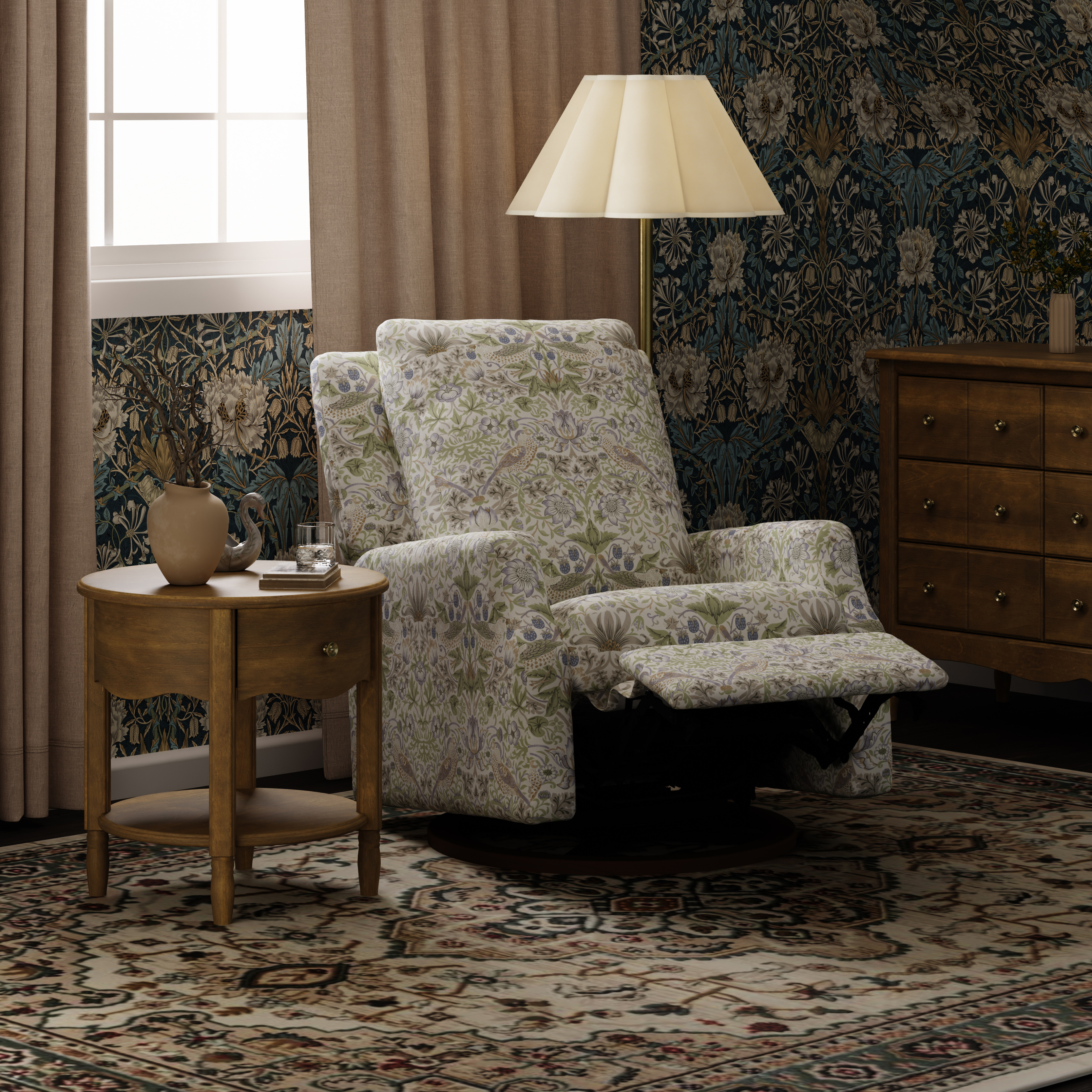 Namesake Morris & Co. x Namesake Crewe Recliner and Swivel Glider - Strawberry Thief In Fig & Thyme Performance Eco-Weave.