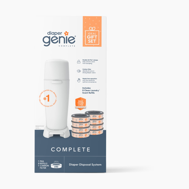 Diaper Genie Complete Diaper Pail Registry Gift Set with 8 Refill Bags - White, Clean Laundry.