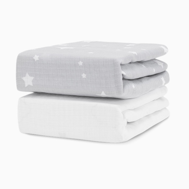 Newton Baby 2-Pack Organic Cotton Breathable Mini Crib Sheets - Stardust In Twilight Grey + Solid White.
