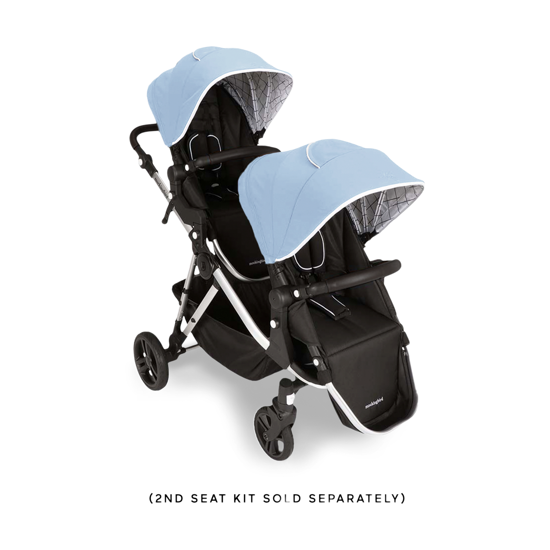 Mockingbird Single-to-Double Stroller 2.0 - Sky/Windowpane Canopy With Black Leather (2020).