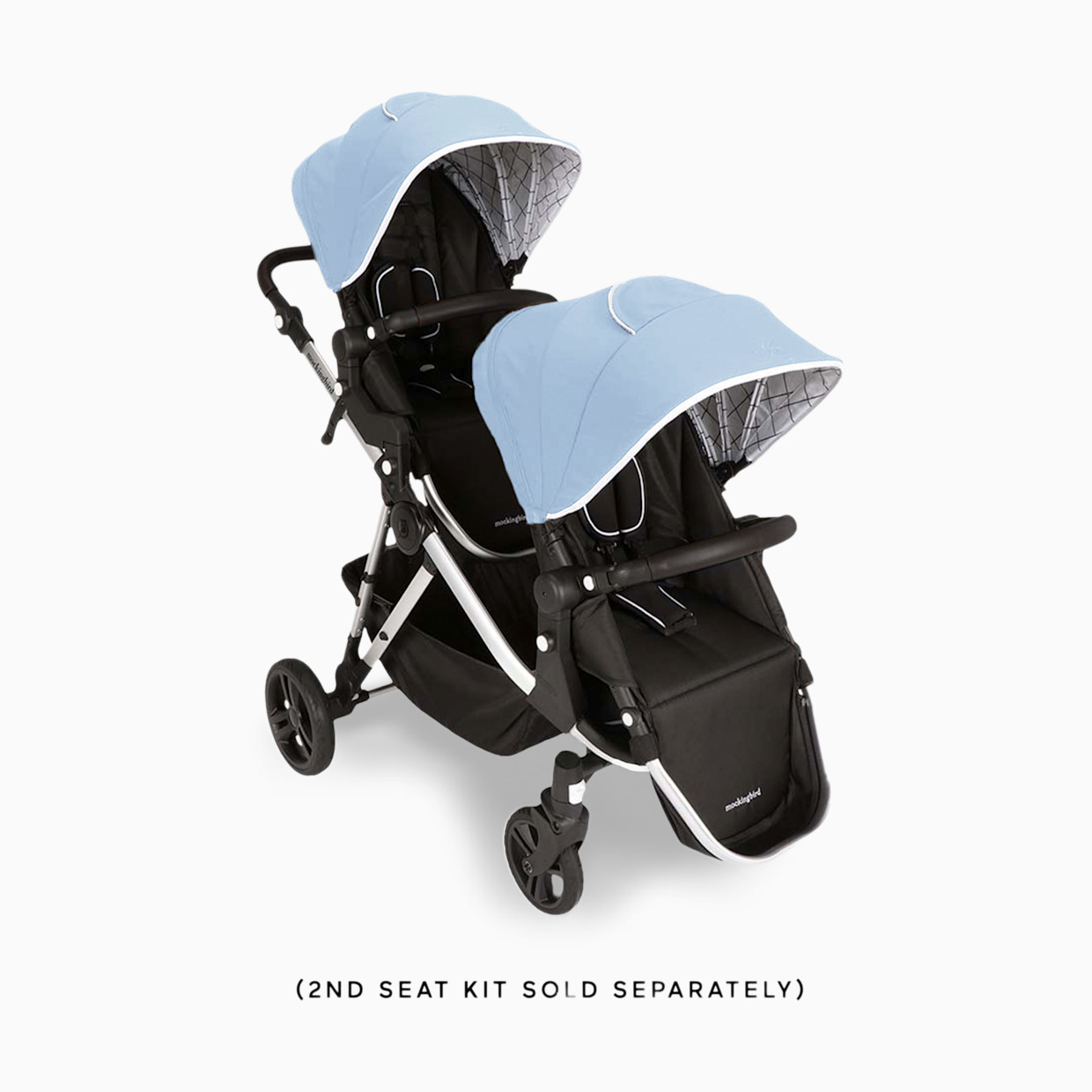Mockingbird Single-to-Double Stroller 2.0 - Sky/Windowpane Canopy With Black Leather (2020).